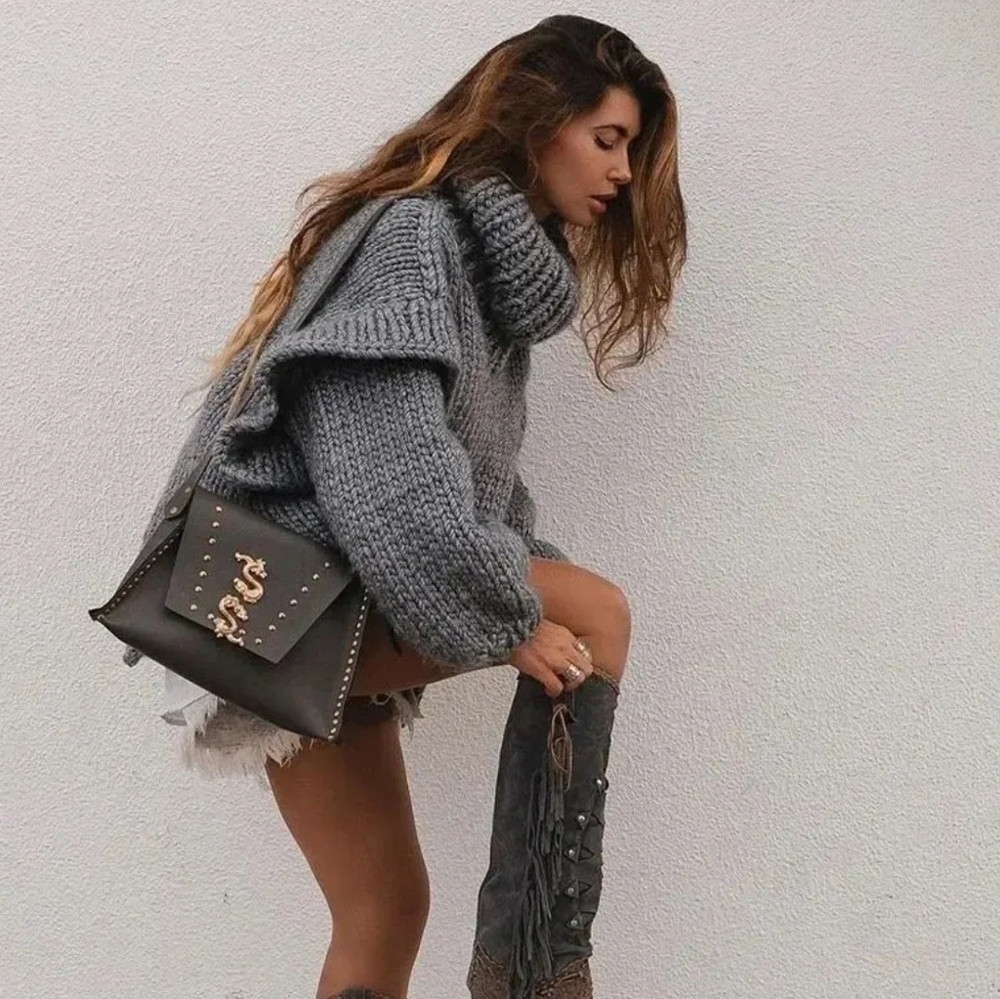 Solid Knit Turtlrneck Double Lantern Sleeve Women Pullover